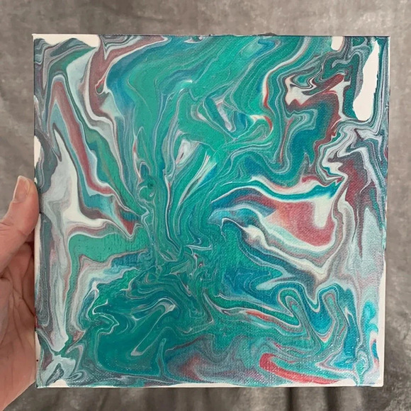 Metallic Wine, Teal, Blue, Silver and White Paint Pour - 8”x8” canvas board - Picture 5 of 8